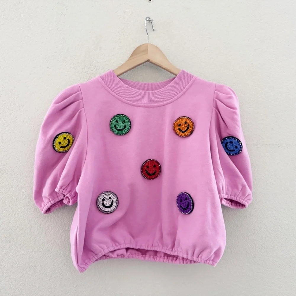Queen Of Sparkles Smiley Face 3D Skort Set Med Pink Sweatshirt Skirt Casual Fun - Picture 7 of 16